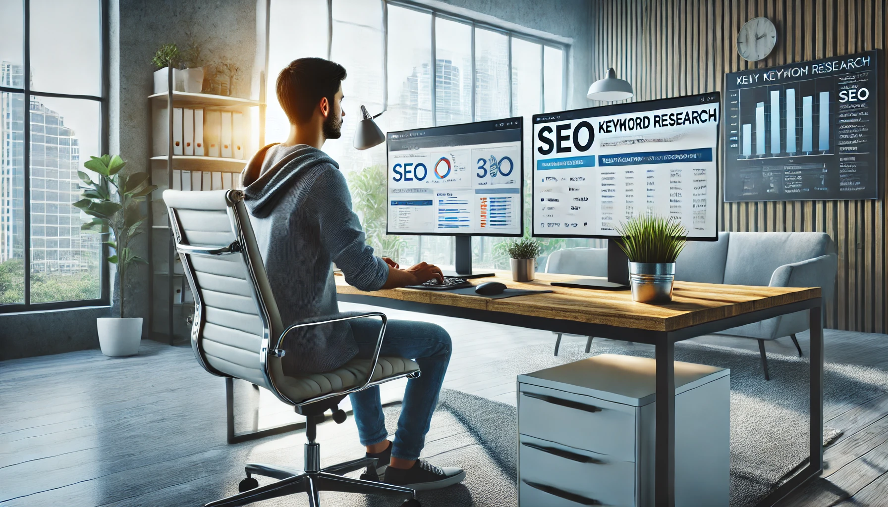 Man in front of a computer doing keyword research.